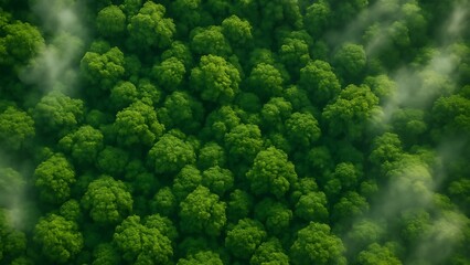 Fototapeta premium Aerial View of Lush Green Forest Canopy with Wispy Fog