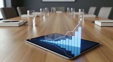 Modern Digital Tablet with Glowing Blue Business Growth Chart on Corporate Table