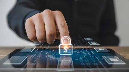 Cybersecurity Concept Showing Businessman Touching Digital Lock On Virtual Screen Using Tablet For Data Protection And Secure Access

