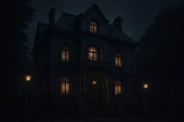 
house with glowing windows at night