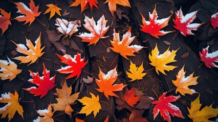 Top view of colorful autumn leaves covered with light first snow on a textured ground. Subtle contrast between orange foliage and soft white frost, perfect for seasonal change themes and nature 