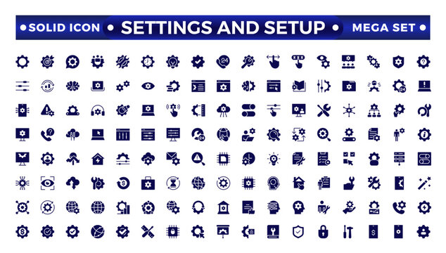 Settings and setup solid icon set. Containing options, configuration, preferences, adjustments, operation, gear, control panel, equalizer, optimization and setup icons. Solid icon collection.