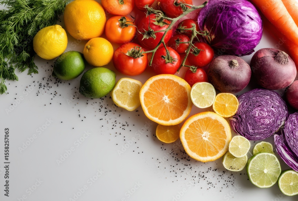 Poster vibrant array of fresh fruits and vegetables displayed in a rainbow pattern on a neutral background 