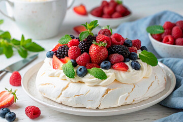 Pavlova meringue dessert topped with whipped cream and fresh berries: strawberries, raspberries, blueberries, blackberries and mint leaves. Served on a white plate over light wooden background. Rustic