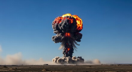 Large explosion billowing smoke and fire in a desert landscape