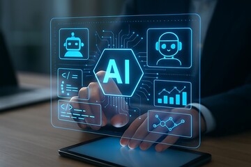 Person Interacting with A I Interface on Tablet Blue Glowing Icons