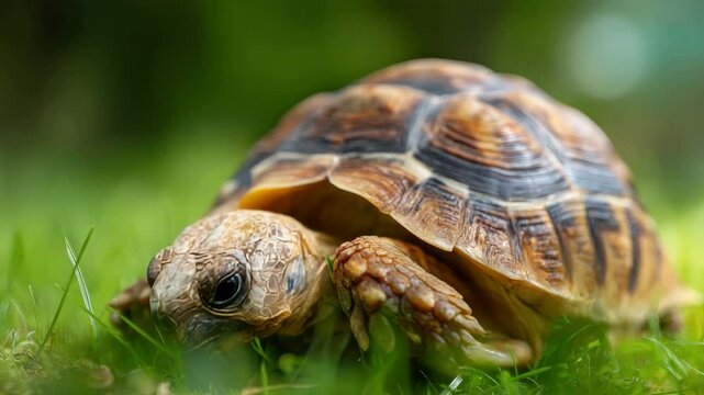 A tortoise wanders slowly through a vibrant garden filled with lush greenery under the warm sun. Observing its unique patterns and textures brings a sense of tranquility and wonder to the scene