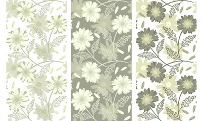 Set of Seamless Floral Patterns in Nature Green and Beige Tones