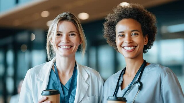 Two healthcare professionals, one with long blonde hair and the other with curly hair, enjoy a coffee break in a bright clinic. They are dressed in scrubs and share smiles in a welcoming atmosphere