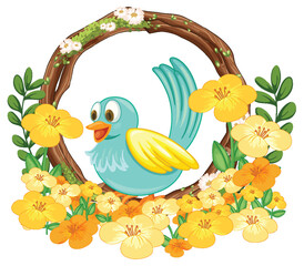 Cheerful Bird Surrounded by Floral Wreath