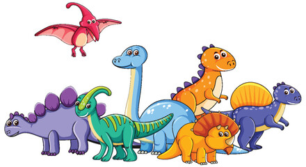 Colorful Cartoon Dinosaurs in Playful Group Illustration