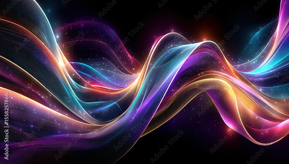 Poster vibrant swirling light waves in gradient colors creating enchanting effects on black background for 