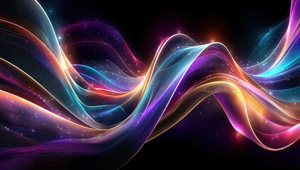 Obraz premium Vibrant Swirling Light Waves in Gradient Colors Creating Enchanting Effects on Black Background for Abstract Art and Modern Design Projects