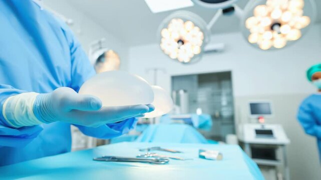 A skilled surgeon prepares for a breast augmentation procedure using silicone implants while surrounded by surgical tools and a sterile environment