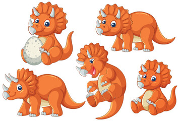 Cute Cartoon Triceratops Vector Illustration Set
