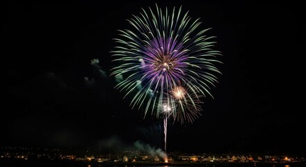 Vibrant fireworks burst against a dark night sky over town.
