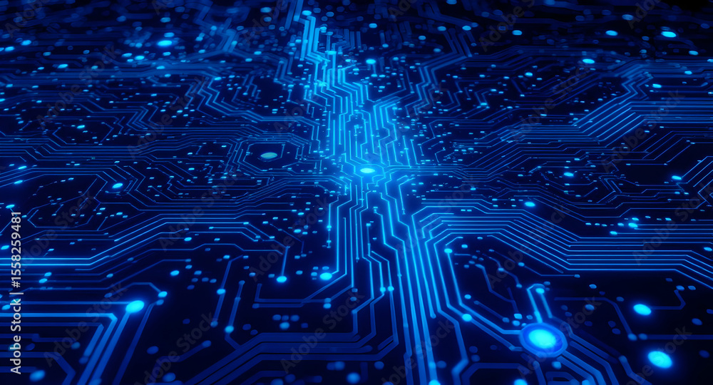 Poster dazzling blue circuit board lines create a high tech motherboard pattern for engineering and technol