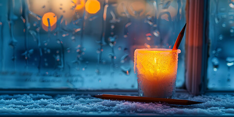 Candlelight glowing through window on a snowy rainy night