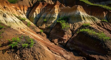 Colorful soil slopes with green vegetation in a natural landscape.