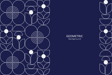 A geometric floral pattern featuring white outlined flowers and leaves on a deep navy background, blending retro style with modern symmetry.