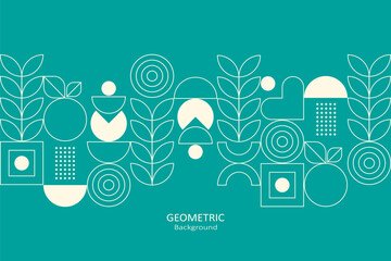 A vibrant teal geometric background featuring white outlines of abstract plants and circles, arranged in a modern, minimal, and elegant design.