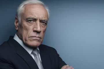 Fototapeta premium portrait of prosecutor in strict suit positioned on left side of frame exuding confidence