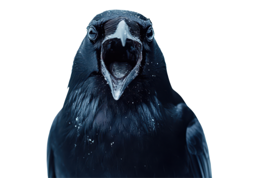 Black crow vocalizes in an isolated winter landscape, showcasing its distinctive sounds and features