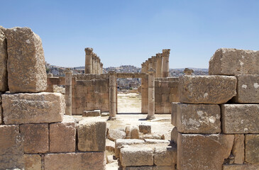 The ancient city of Gerasa, now Jerash, Jordan with the modern Jerash in the background