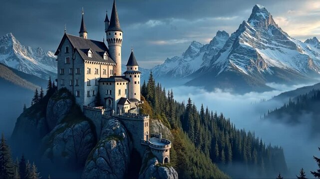 Fairytale castle with glowing windows on a mountain peak at dusk, surrounded by dramatic snowy landscape and misty forest landscape