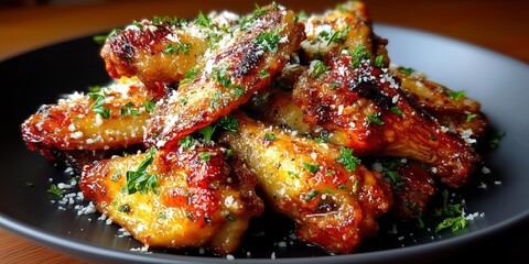 Crispy garlic chicken wings topped with parmesan and herbs on a plate