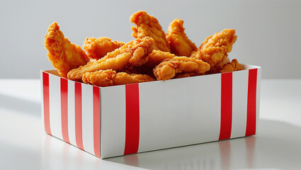 Crispy Fried Chicken Tenders in Red White Striped Box on White Background – Fast Food Meal Close-Up