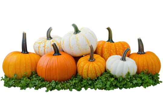 Bright and colorful pumpkins arranged in a charming pumpkin patch with green foliage on a transparent background perfect for autumn themes