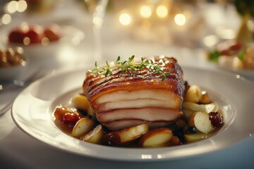 Deliciously Cooked Pork Belly Served on a Plate with Roasted Potatoes and Garnished with Fresh Herbs at an Elegant Dining Table Setting