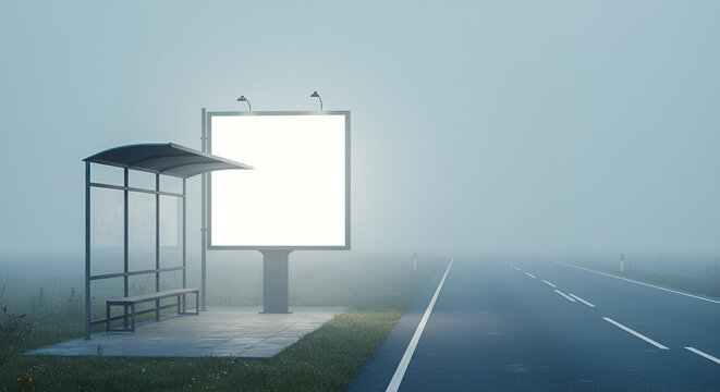 Empty bus stop in a foggy morning