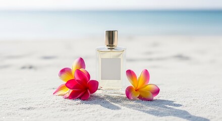 Beachside Fragrance Luxurious Perfume Bottle with Tropical Plumeria Flowers on Sandy Shore