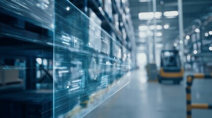 Fototapeta premium Modern warehouse with semi-transparent digital interface, blue-hued grid, white text, tall shelving units, industrial lighting, yellow forklift, and efficient atmosphere.