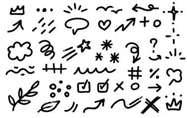 Arrow brush asterisk marker line shape set. Hand drawn brush stroke asterisk, arrow, squiggle shape with grunge texture. Abstract sketch paint elements for geometric background. Vector illustration