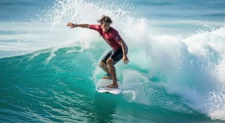 Surfer riding ocean wave on sunny day at the beach