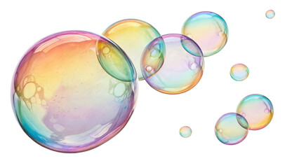 Soap bubbles with rainbow iridescence isolated on transparent background in a studio shot