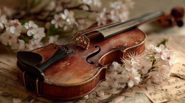 Close-up of a violin with etched musical notation on its body, surrounded by blooming cherry blossoms and aged music paper, captured in warm, diffused lighting for a timeless aesthetic