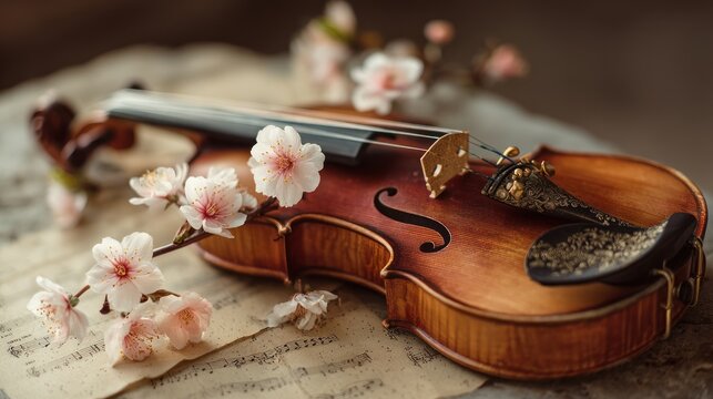 Close-up of a violin with etched musical notation on its body, surrounded by blooming cherry blossoms and aged music paper, captured in warm, diffused lighting for a timeless aesthetic