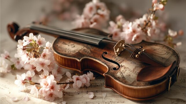 Close-up of a violin with etched musical notation on its body, surrounded by blooming cherry blossoms and aged music paper, captured in warm, diffused lighting for a timeless aesthetic