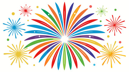A vibrant rainbow of fireworks bursts outwards, isolated on white background, creating a celebratory design