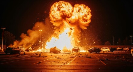 Dramatic explosion in a parking lot with damaged cars at night