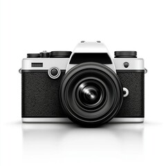 Fototapeta premium A minimalist icon of a modern digital camera, isolated on a pure white background. A clean and versatile symbol for photography, technology, and creative themes.