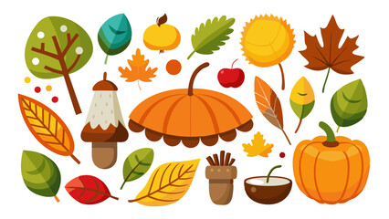 A cheerful collection of autumn leaves pumpkins and other seasonal elements are isolated on white background