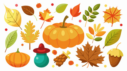A charming collection of autumn leaves pumpkins and other seasonal elements are isolated on white background