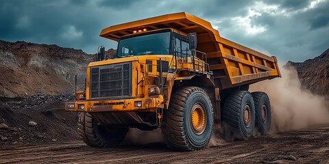 Fototapeta premium A picture of a company's mineral transport truck driving out of a mine