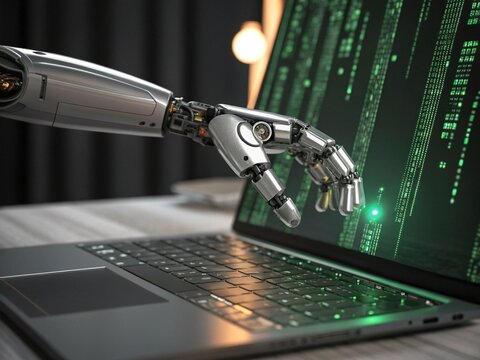 Robot hand operates computer, robot AI writes binary code