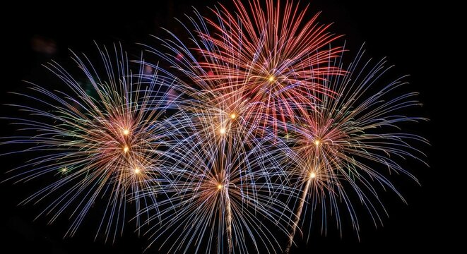 Vibrant colorful fireworks exploding against a dark night sky